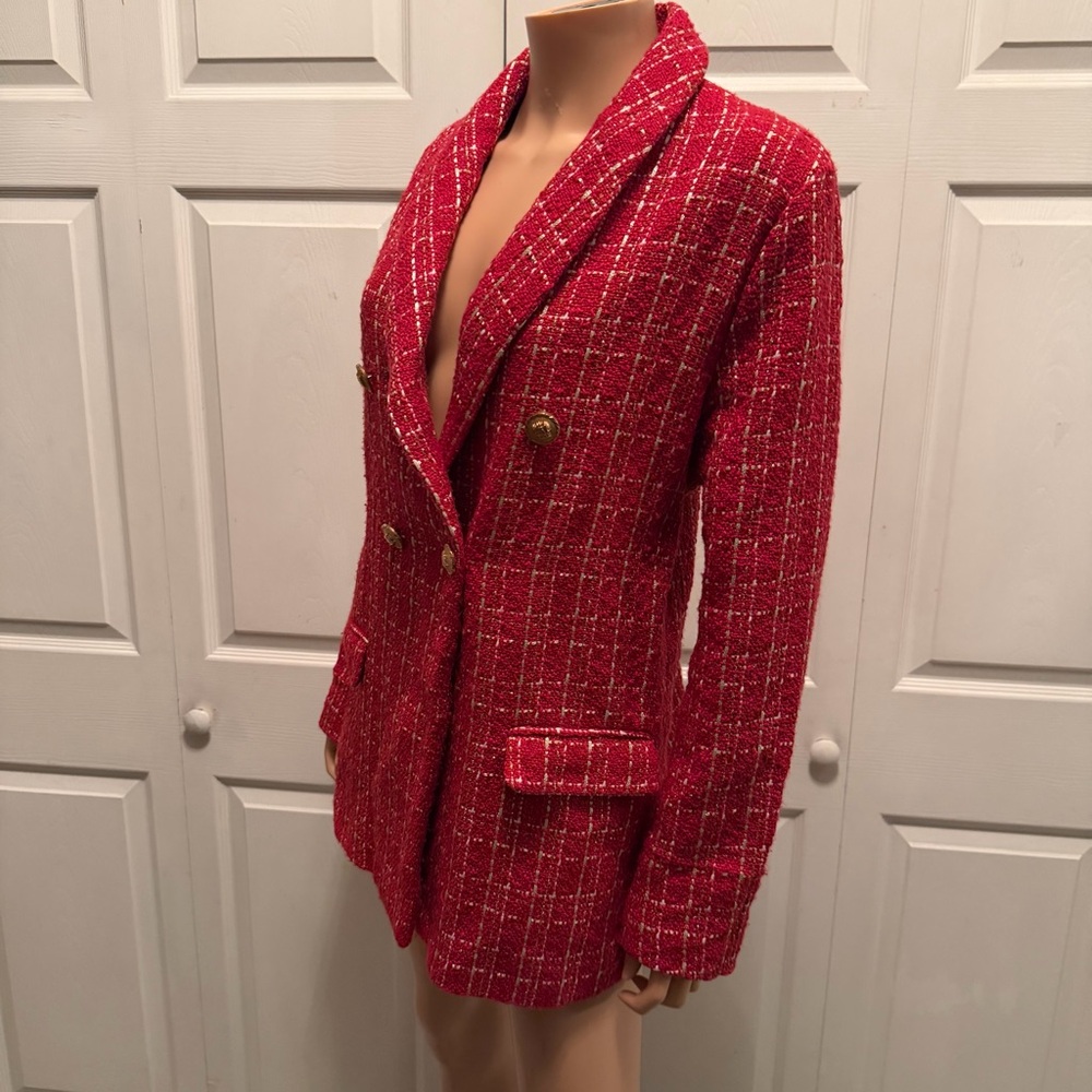 Red Tweed Plaid Double-Breasted Blazer Women’s Size L Old Money - Picture 6 of 16